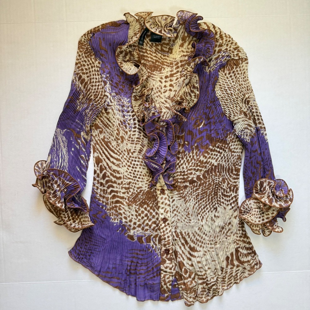 NEW DIRECTIONS Vintage Pleated Animal Print Ruffle Front‎ Blouse Top Small